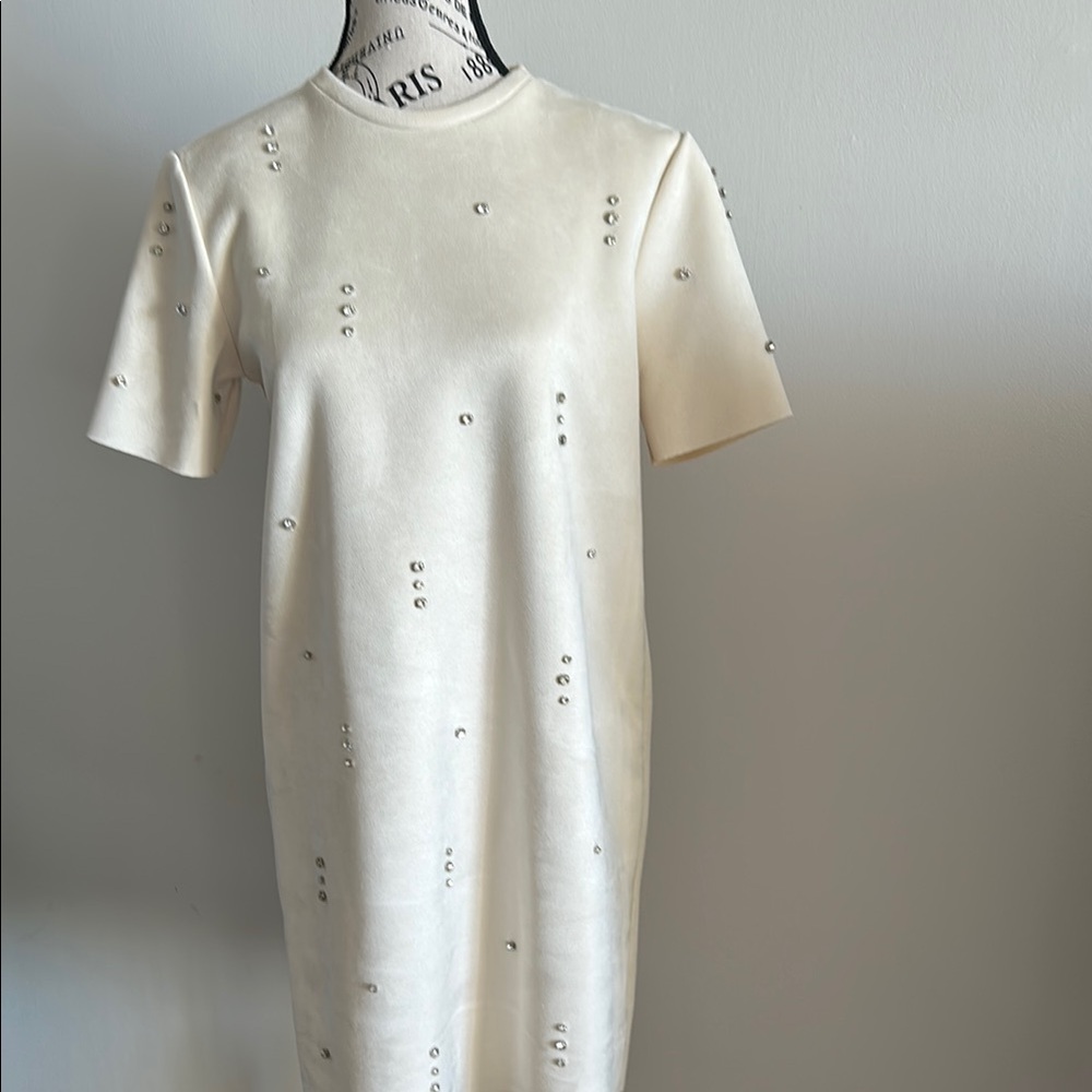 Zara Cream Sheath Mini Dress with Mock Neck and Short Sleeves